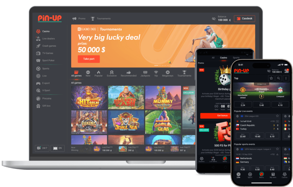 Plataforma Pin-Up accesible en computadora y móvil con juegos de casino y apuestas deportivas.