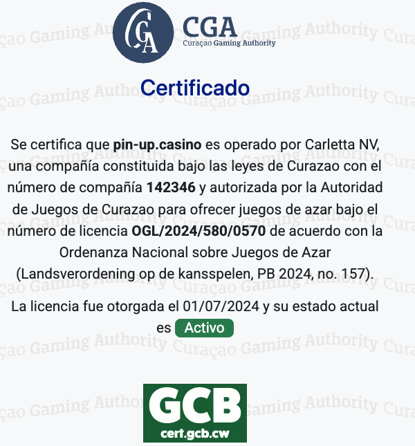 Certificado de licencia de juego de Pin-Up emitido por la Autoridad de Curazao.