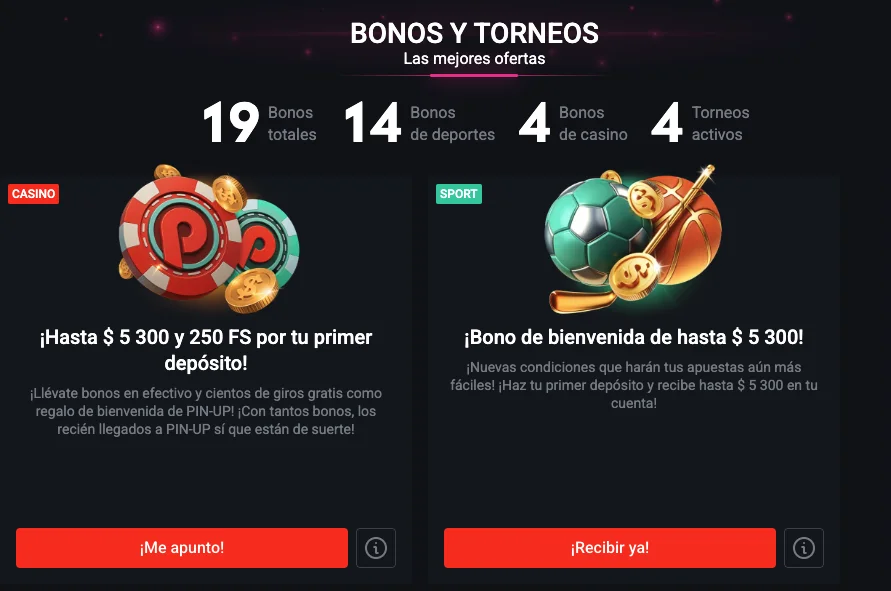 Bonos y torneos de Pin-Up con promociones de hasta $5,300 y 250 giros gratis.