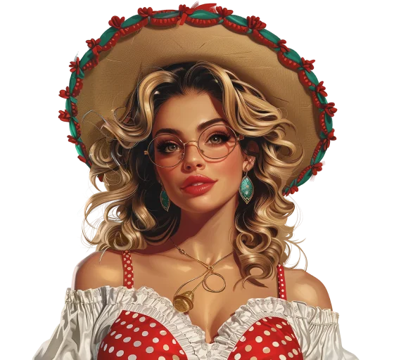 Ilustración de mujer estilo Pin-Up con sombrero y gafas, imagen representativa de la marca.