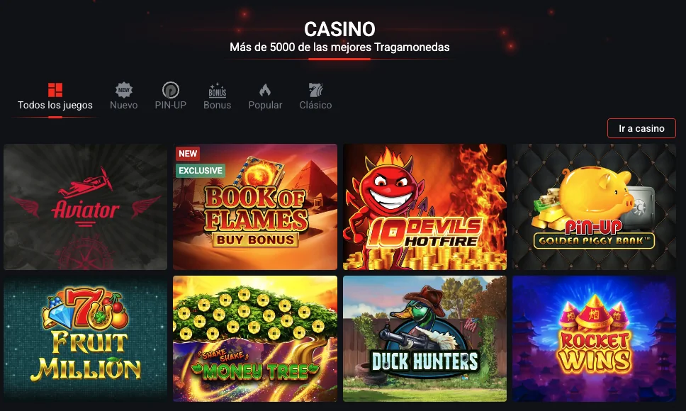 Interfaz de casino online Pin-Up con tragamonedas como Aviator, Book of Flames y Rocket Wins.